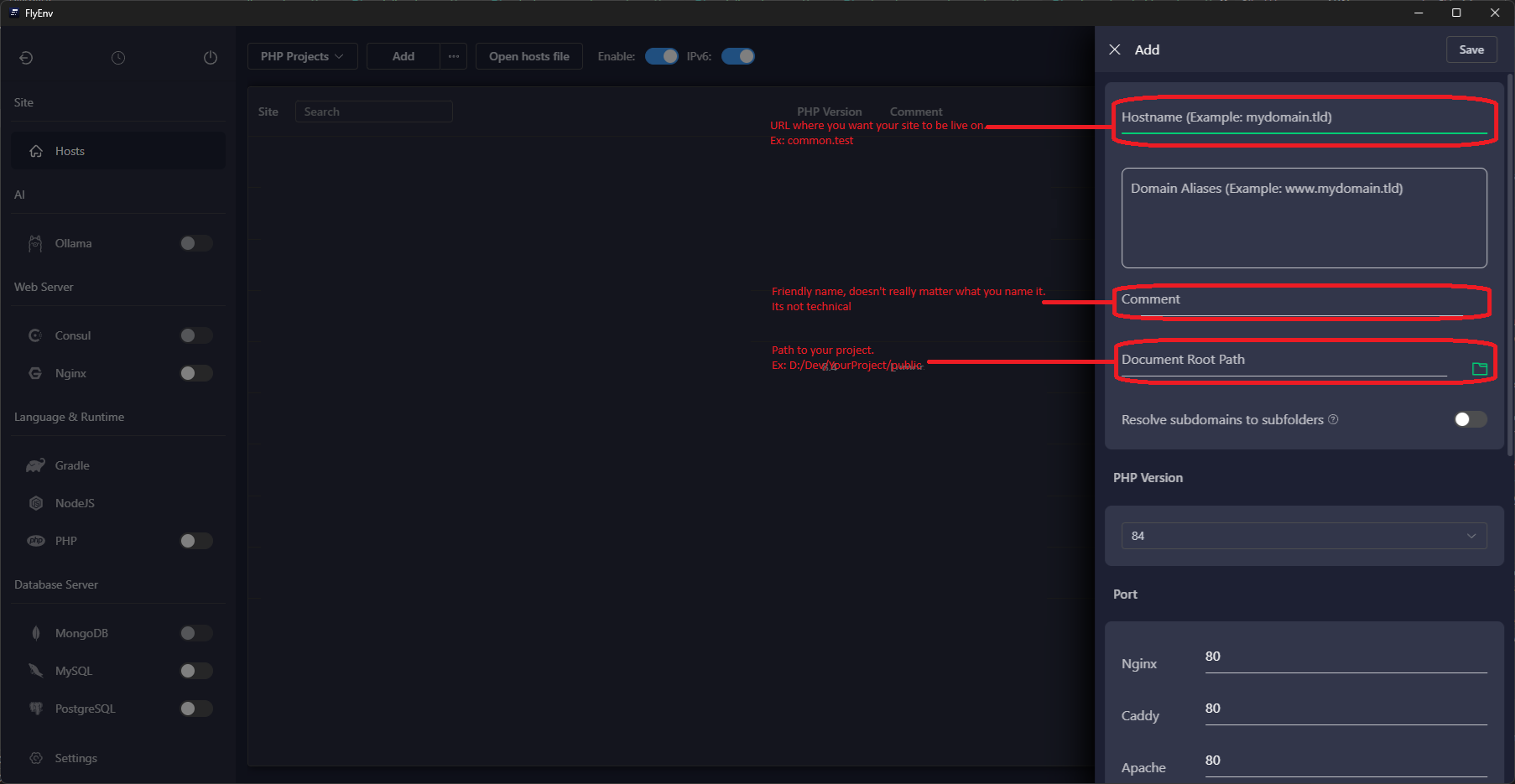 FlyEnv site creation wizard step 1