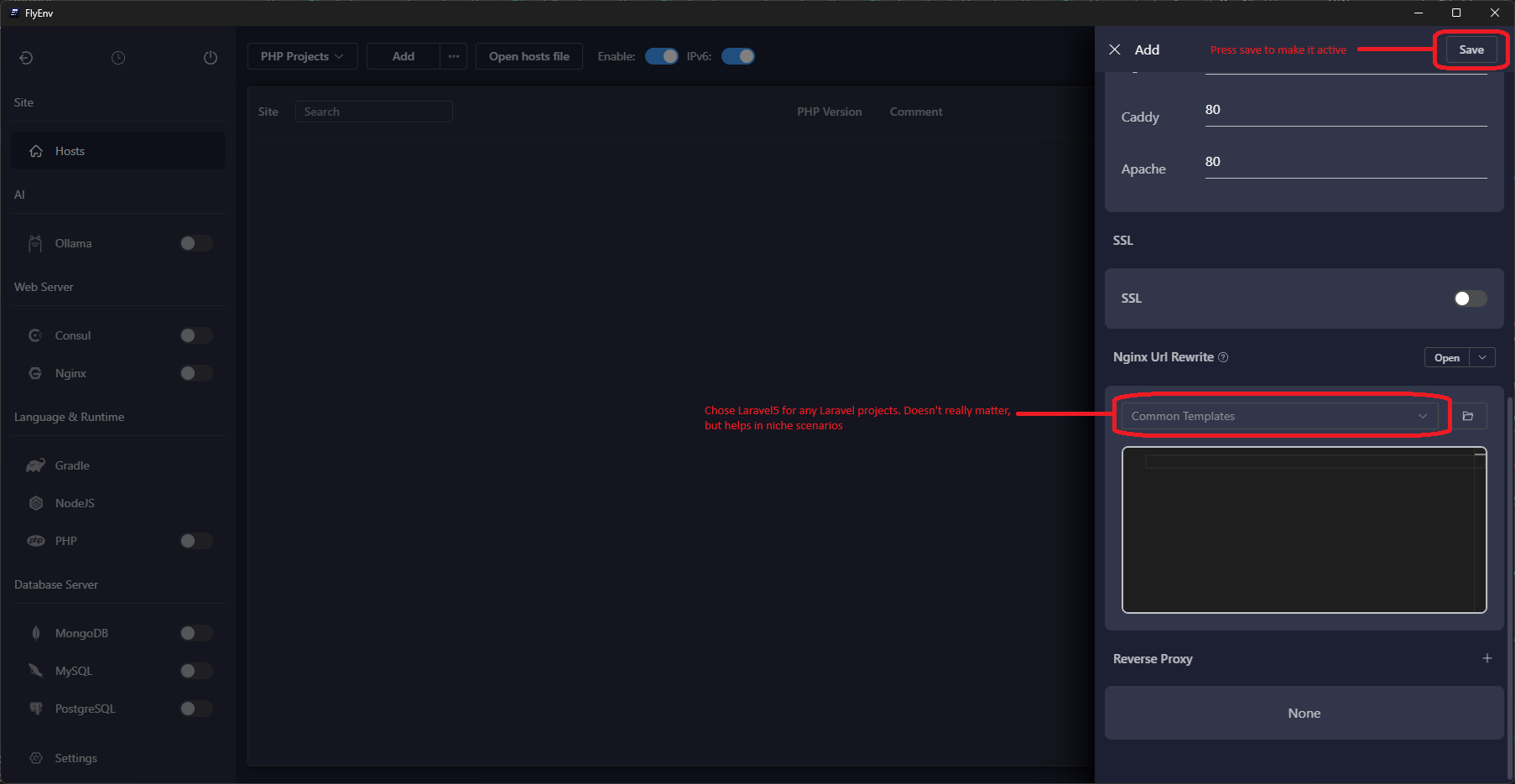 FlyEnv site creation wizard step 2